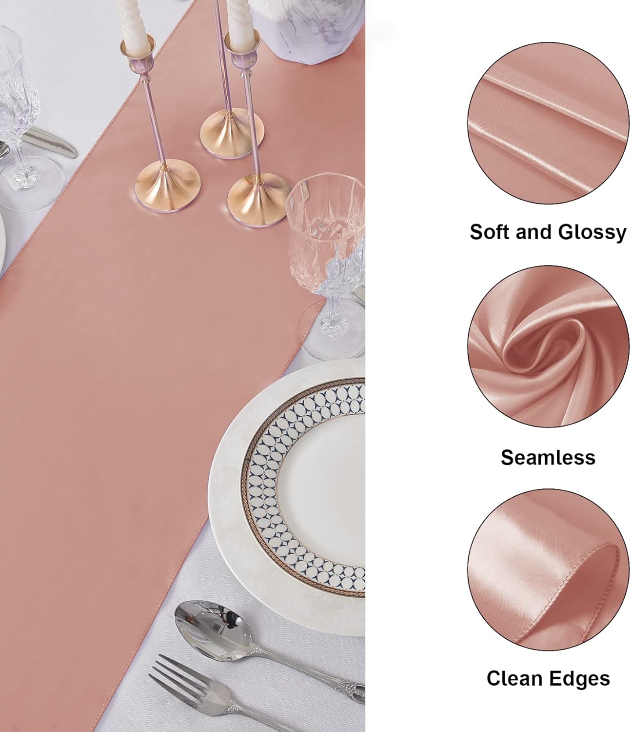 12Pack Table Runner 12 x 108 Inches Satin Silk Table Runner for Wedding, Birthday Party, Banquets, Graduations Decoration, fit Rectange and Round Table-Rose Gold