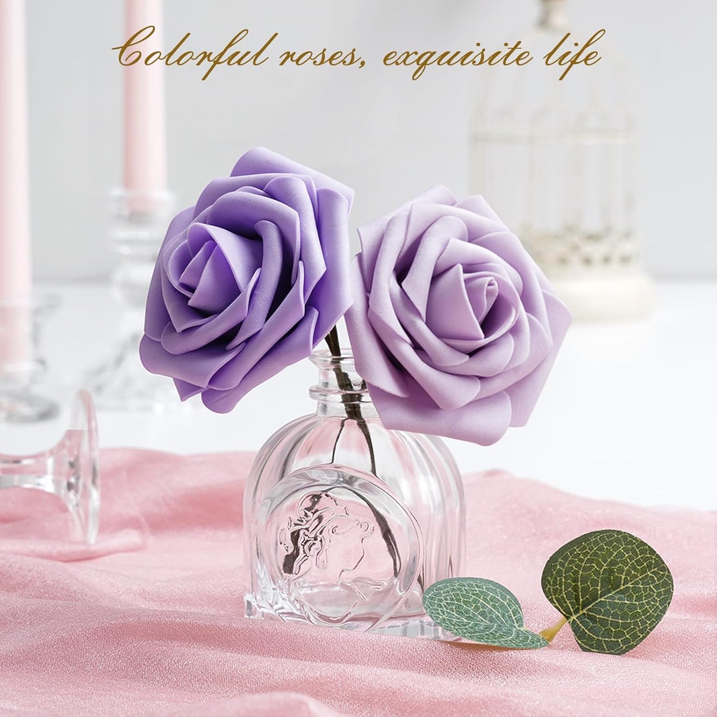 BLEUM CADE 16Pcs Artificial Flowers Fake Roses with Stems, Gradient Purple Boxed Foam Roses for DIY Bouquets Centerpieces Wedding Party Arrangement Bridal Shower Decor