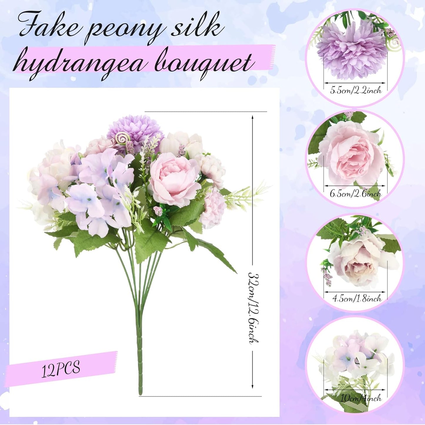 Tigeen Artificial Flowers Artificial Peonies Silk Flowers Faux Peony Fake Peony Silk Hydrangea Bouquet for Wedding Table Centerpiece Floral Vase Decor(Purple,24 Bundles)