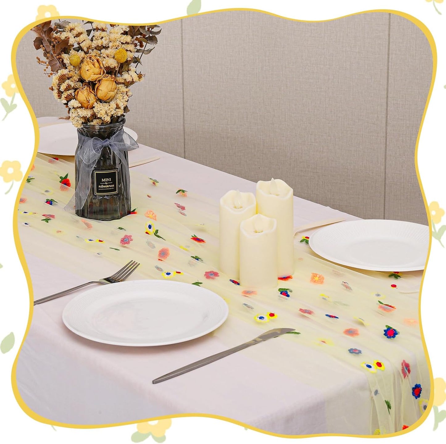 BINBE 12pcs Daisy Fall Table Runner Embroidery Gauze 10FT Florals Seasonal Tulle Holiday Birthday Kitchen Dining Table Decor for Home Party Yellow