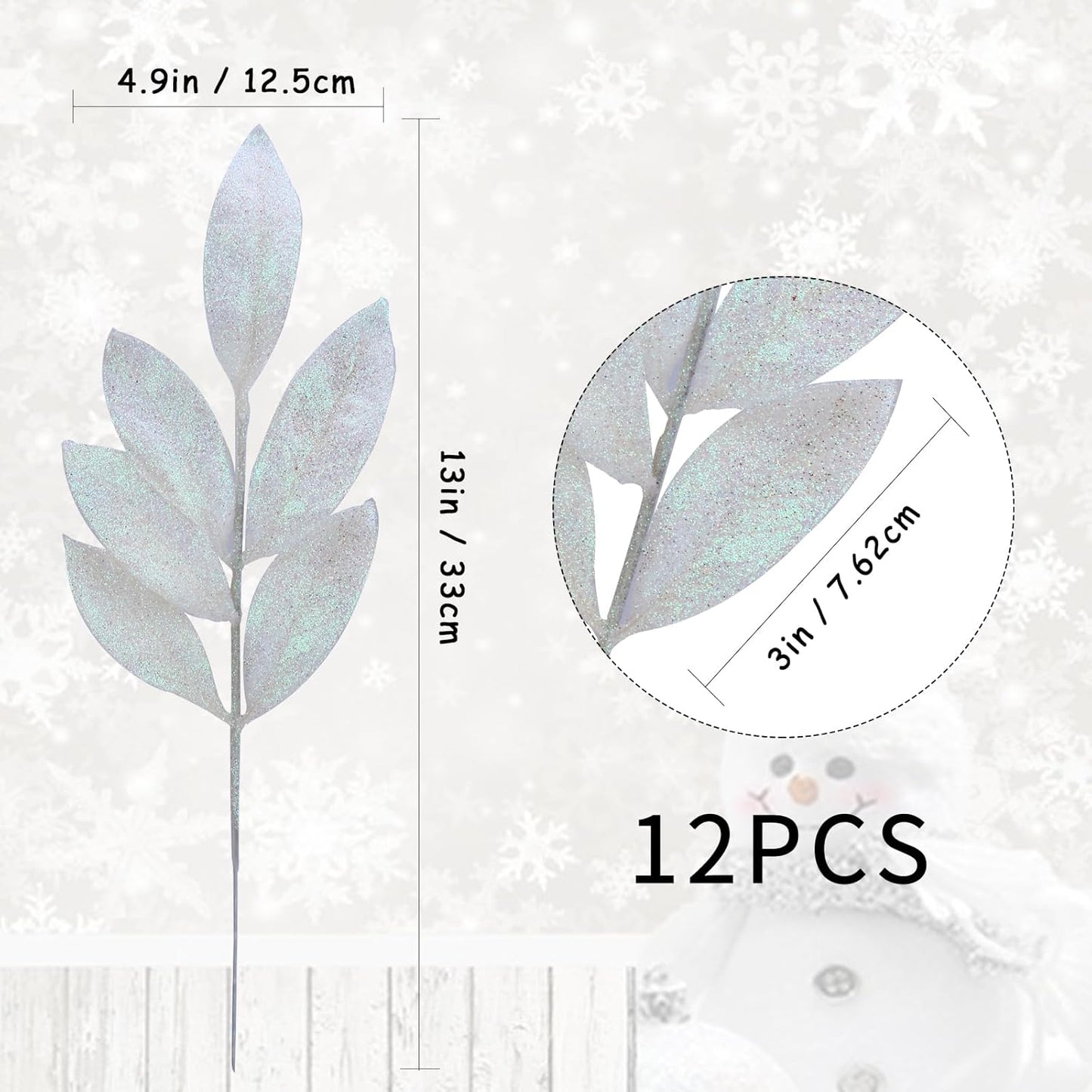 GREENTIME 12 Pack Artificial White Glitter Leaves 13" Fake Christmas Picks Decorative Glitter Sticks for Vase Christmas Tree DIY Wreath Crafts Fireplace Decor