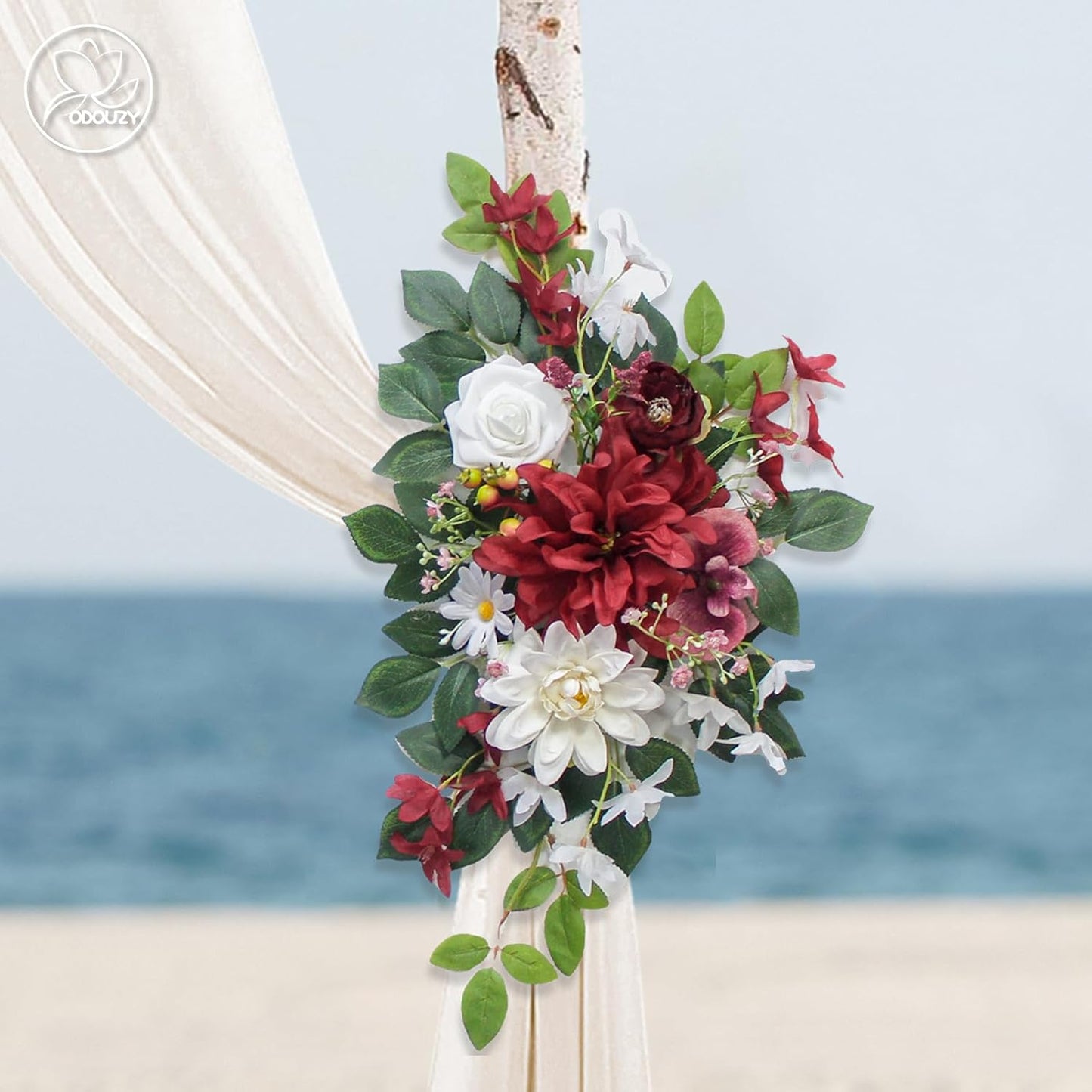 Wedding Arch Flowers Kit,Artificial Flower Arch Decor (Set of 3),2pcs Artificial Flower Arrangement with 1pc Sheer Drape for Wedding Decor Reception Backdrop Floral Decorations (Wine Red)