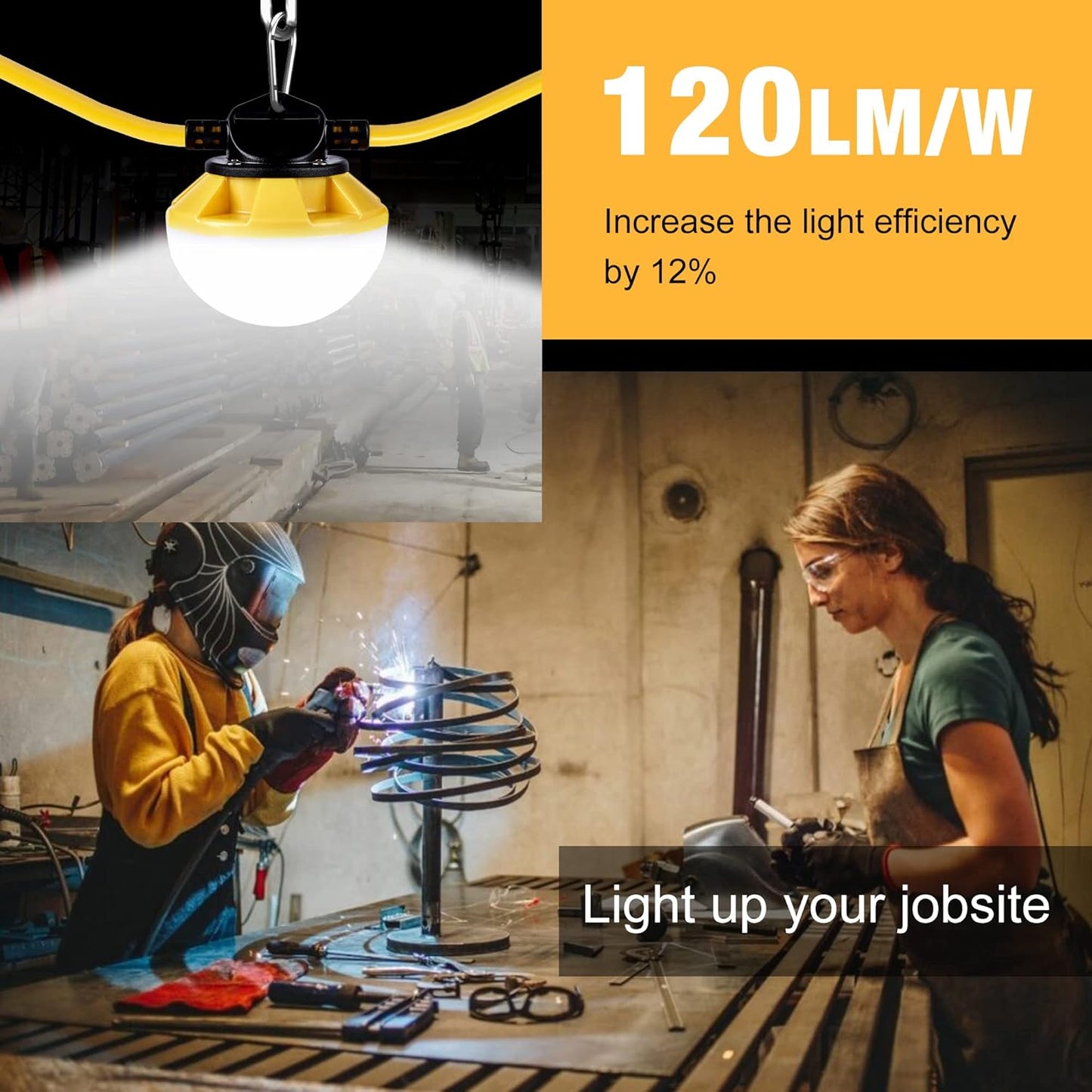 100FT Construction String Lights, IP65 Waterproof ETL Certified LED String Work Lights, 5000K Daylight 18AWG Wire Linkable Temporary Construction Lighting for Jobsite with 10 Bulbs & Hooks