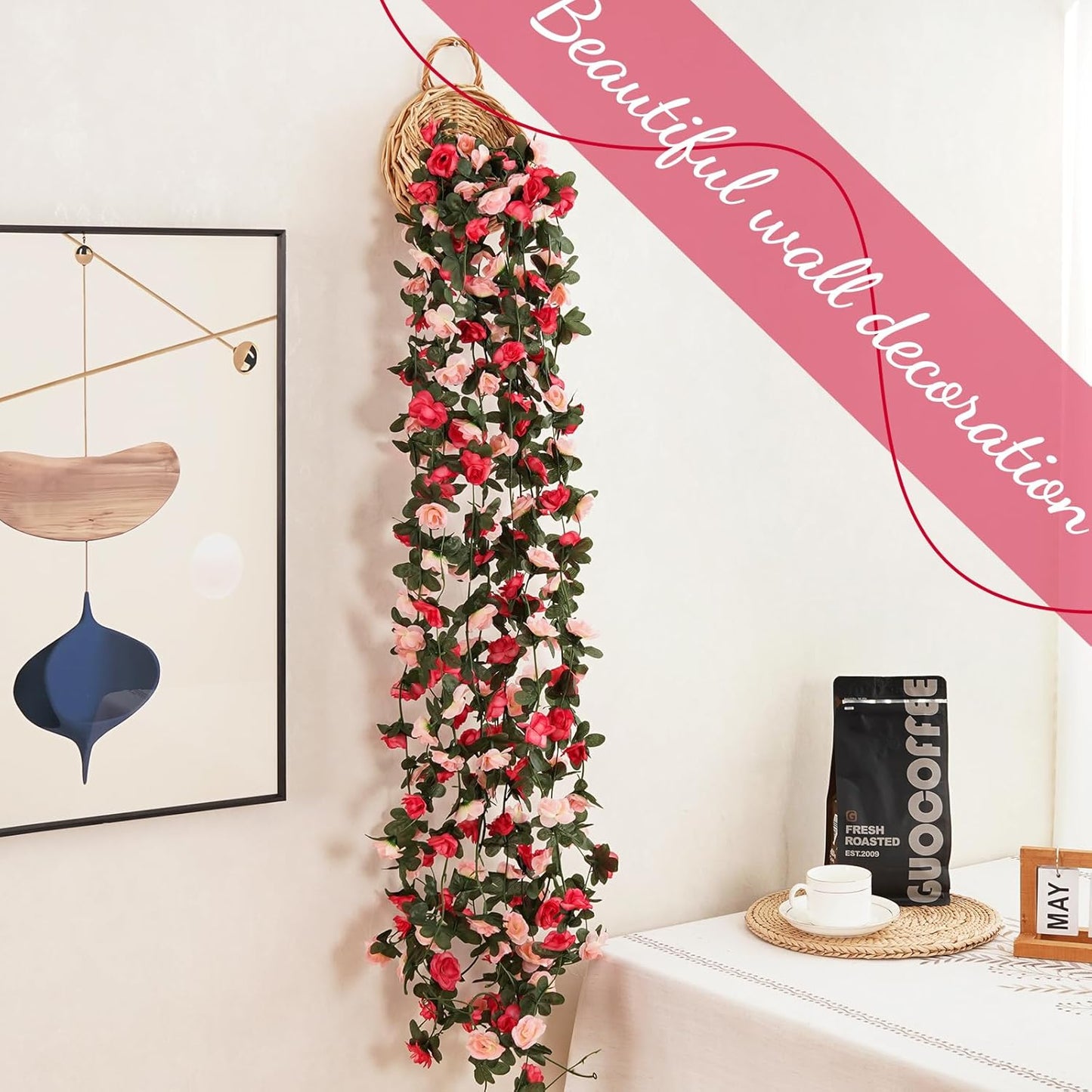 2 Pcs 16.5 Ft Flower Garland Rose Vines, Pink Rose Garland for Decoration, Flower Vine for Bed Room Table Birthday Wedding Party Garden Wall Decor