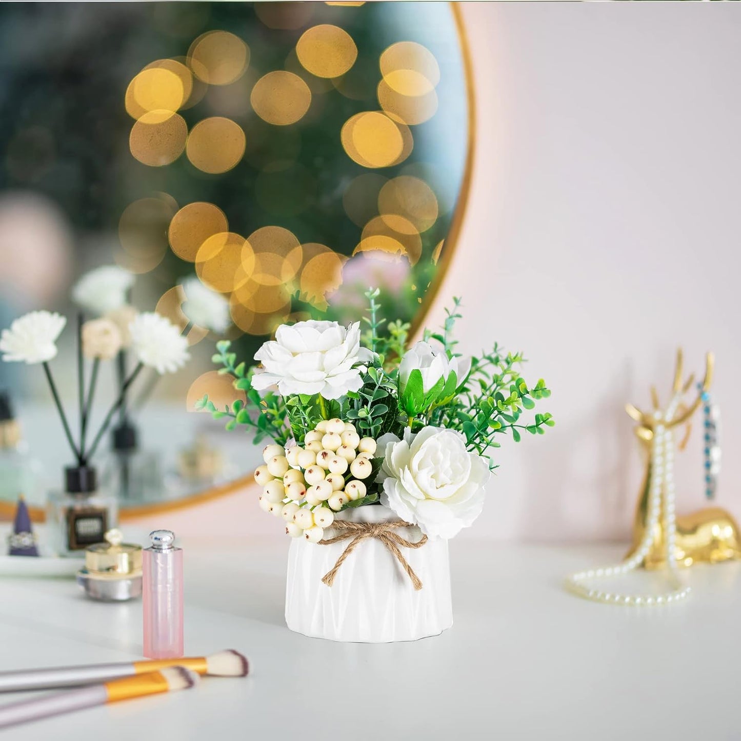 BLOSMON Table Decor Artificial Flowers Vase 7 Inch Small Fake Flower White Arrangement 2pcs Floral Arrangement for Tables Centerpieces Kitchen Dining Room Decorations Faux Flower in Vase Silk Roses