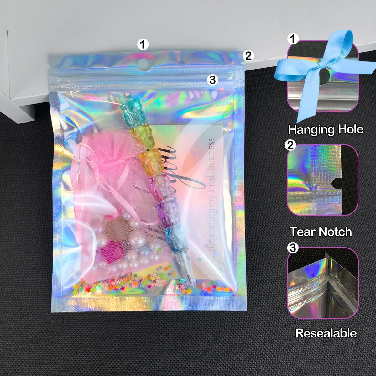 100 Pcs Holographic Resealable Packaging Bags for Small Business Supplies, Cute Small Color Smell Proof Foil Pouch Plastic Baggies for Lip Gloss Soap Party Food Storage (4x6 inch)