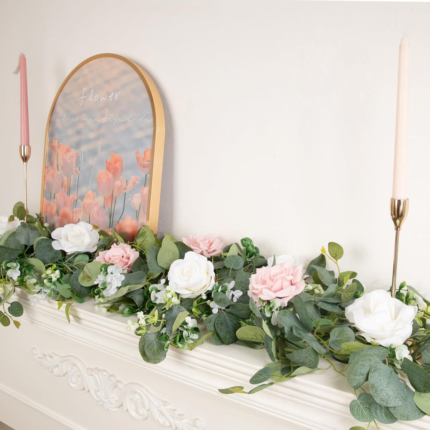 N&T NIETING 2 Pack Artificial Eucalyptus Garland with Flowers, Faux Greenery Garland Decor 6FT Eucalyptus Vines, Fake Hanging Vines Summer Garlands for Mantle Wedding Backdrop Decorations