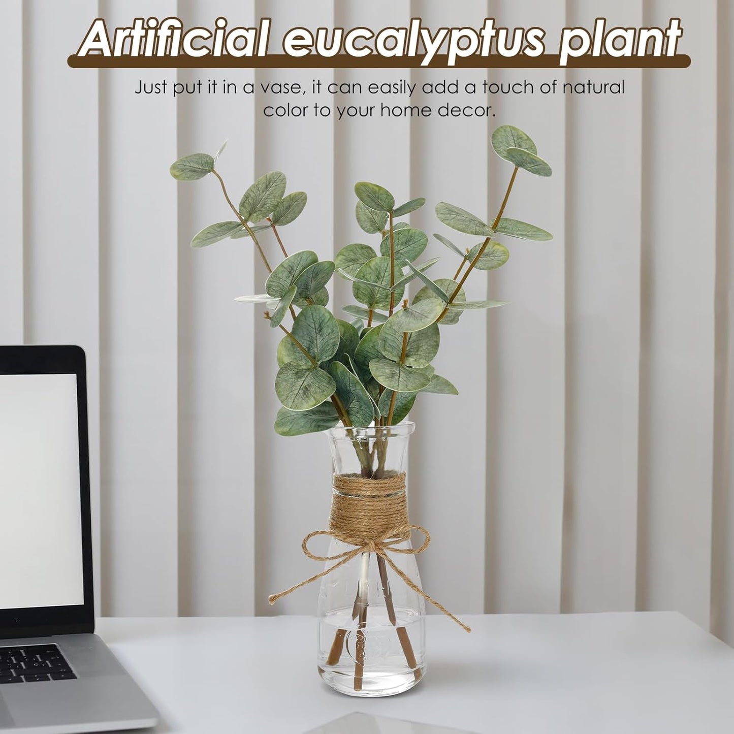 Artificial Eucalyptus Stems in Glass Vase Decorative Greenery Artificial Plant with Double Sided Green Eucalyptus Leaves for Home Office Decor (Green)