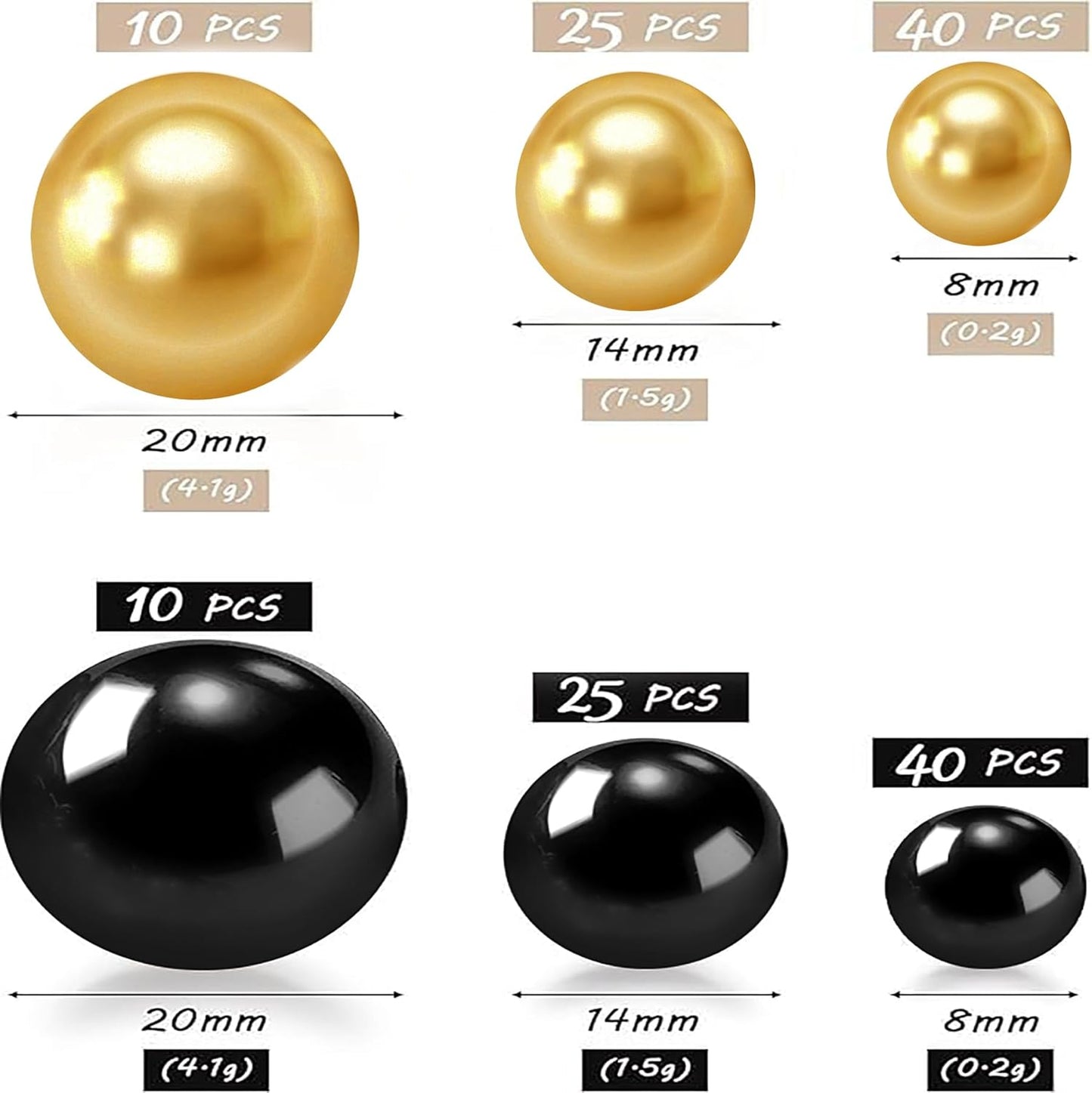 150Pcs Black&Gold Polished No Hole Faux Pearl Beads for Vase Filling Decorations, Plastic Pearls Vase Fillers, Table Scatters, Wedding Centerpiece, Home Decor, 8/14/20 mm