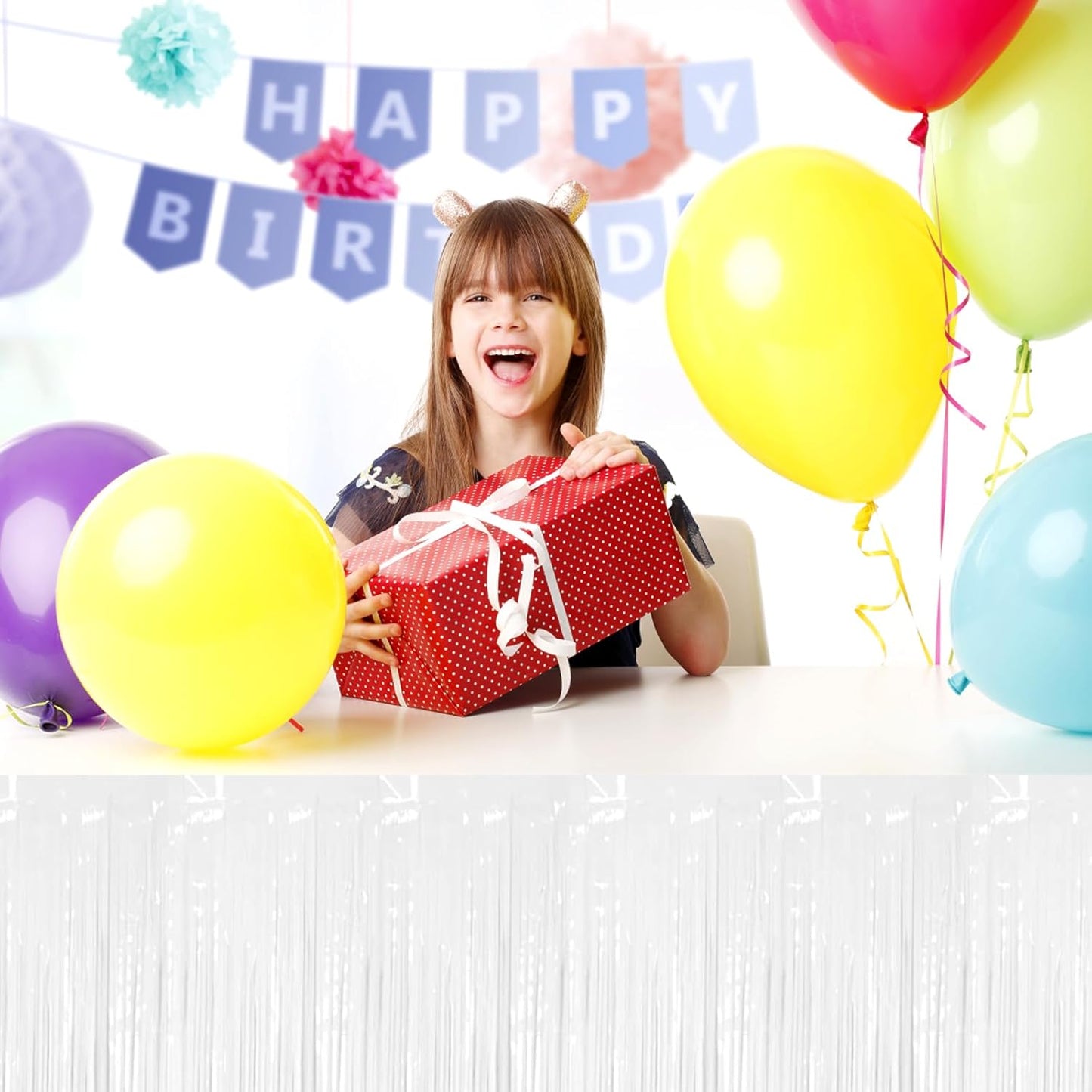 3 Pack 29x108 Inch Macaron White Foil Fringe Table Skirts Metallic Banner for Tinsel Streamer Garland Backdrop for Parade Floats Wedding Thanksgiving Birthday Christmas Halloween Party Decoration