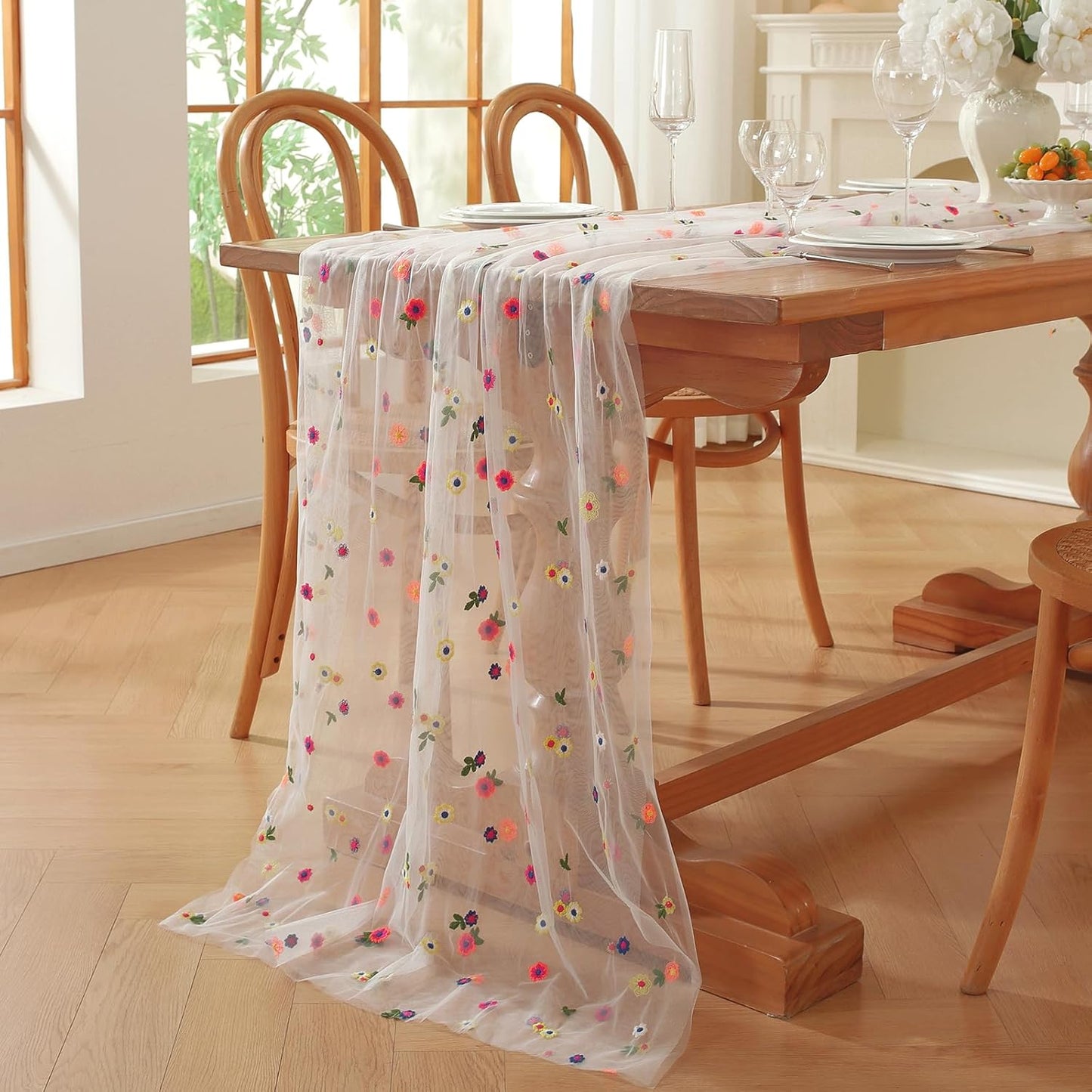 White Embroidery Daisy Fall Table Runner 120Inch 10FT Florals Soft Sheer Tulle Fabric Table Runner for Home Decor, Brithday, Wedding, Baby Shower ,Holiday ,Parties, DIY Craft,3PC