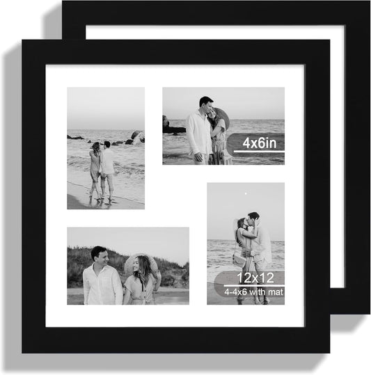 12x12 Picture Frame Set of 2, Black Wood Frame with Glass Collage Frame, Display Pictures 4-4x6 With Mat or 12 x 12 Without Mat, Square Photo Frames Collage for Wall Hanging or Tabletop