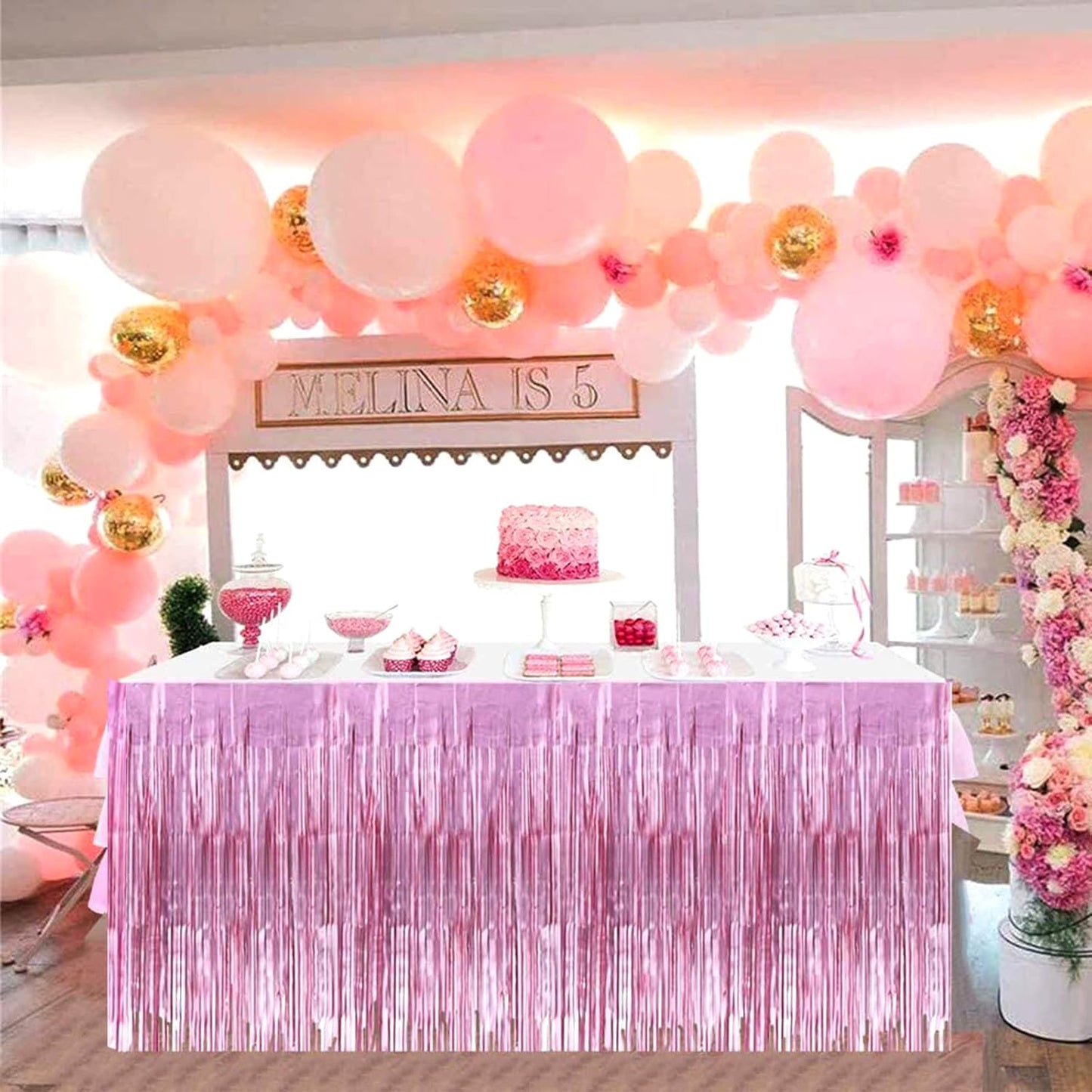 4 Pack 29x108 Inch Valentine's Day Metallic Foil Fringe Tinsel Table Skirts for Rectangle Tables Streamer Curtains Backdrop for Wedding, Birthday, Parade Floats Mardi Gras Party Decorations(Pink)