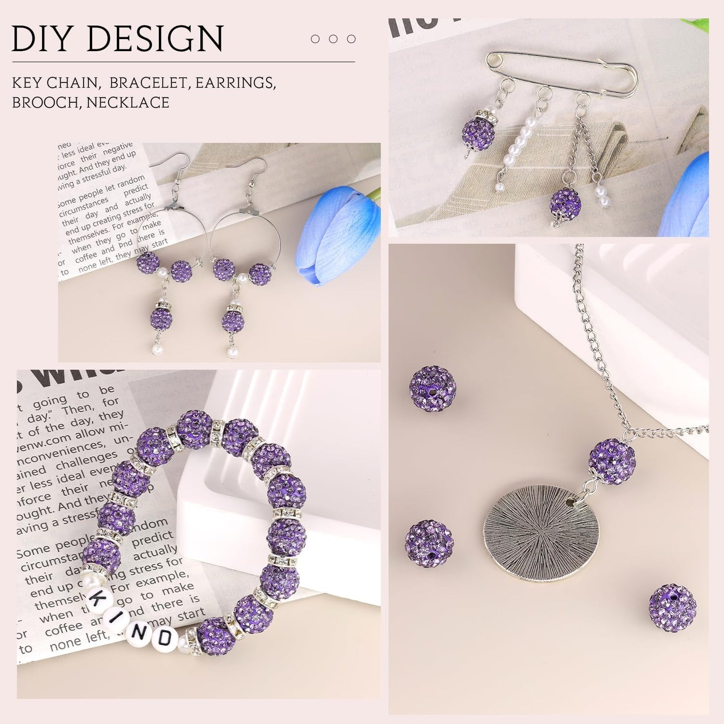 150 pcs 10mm Rhinestone Beads for Jewelry Making, Purple Shiny Round Shamballa Disco Beads Bulk, Sparkle Crystal Clay Christmas for Bracelet Baseball Necklace Earring Crafting and DIY