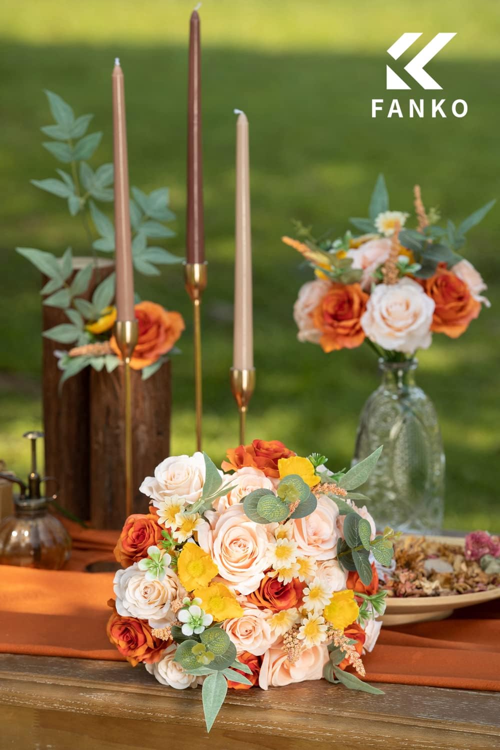 FANKO Rose Artificial Flowers Combo for DIY, Fake Orange Rose Artificial Silk Flowers with Greenery, Real Looking Artificial Faux Flowers for Wedding, Table Decoration, Centerpieces, Party, Home Décor