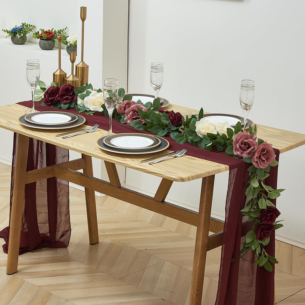 Burgundy Artificial Rose Garlands Rose Vines Leaves Banners Hanging Floral Garland Fake Rose Flower Vine for Wedding Arch Ceremony Home Garden Outdoor Party Wall Decorations