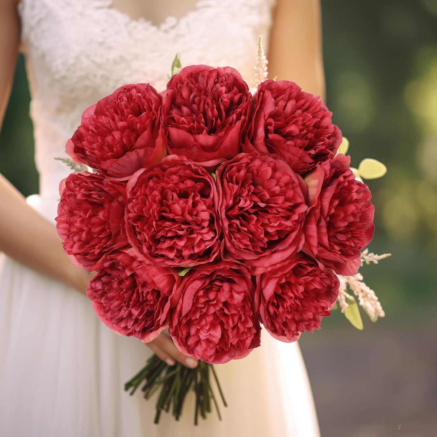 U'Artlines 20 Heads Artificial Peony Silk Flower Leaf for Christmas Holiday New Year Home Office Wedding Party Festival Bar Decor (Red)