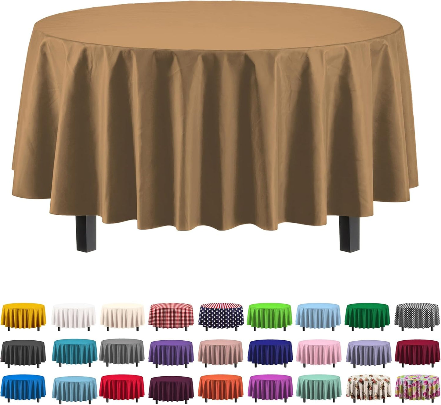 12-Pack Premium Plastic Tablecloth 84in. Round Table Cover - Gold