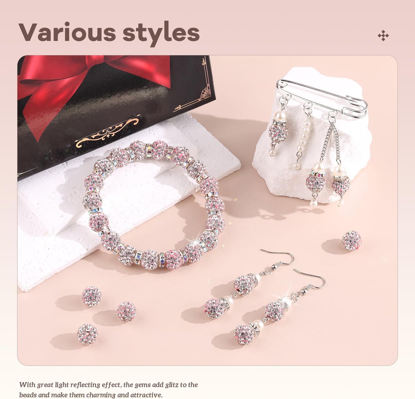 105pcs 10mm Rhinestone Beads for Jewelry Making, Pink White Shiny Round Disco Ball Beads Bulk, Sparkle Crystal Clay Christmas for Bracelet Baseball Necklace Earring Crafting and DIY