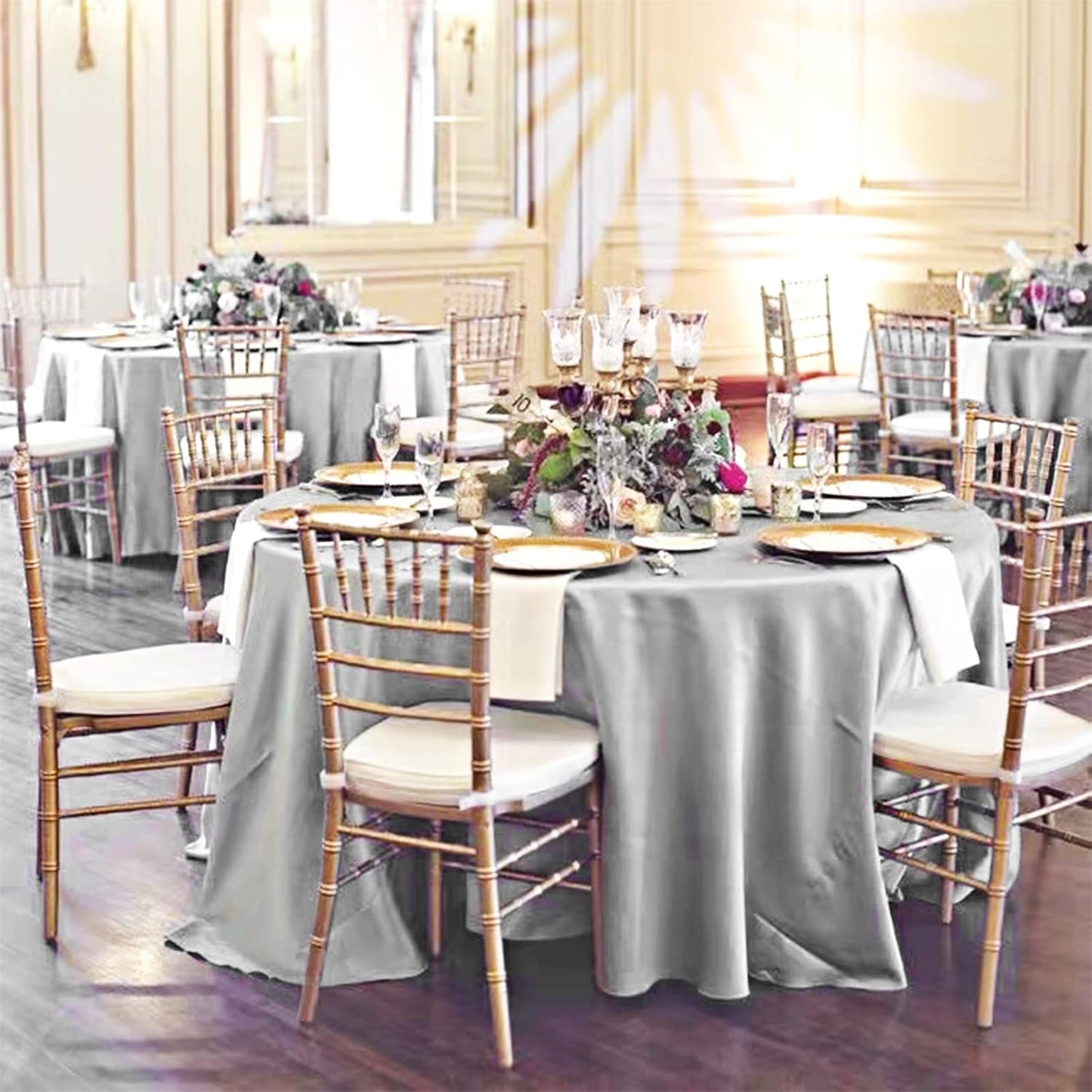 12 Pack 120 Inch Silver Satin Tablecloth - Premium Bright Silky Round Tablecloth Overlay Smooth Fabric Table Cover, Table Decoration for Wedding Party Banquet Events Restaurant Kitchen Dining