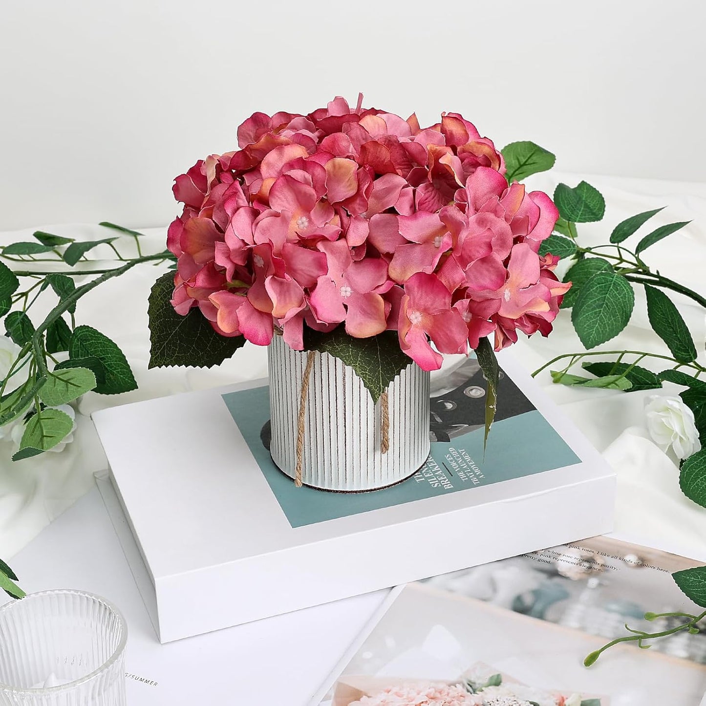 Flower Table Centerpieces - Set of 6 Floral Arrangement Artificial Wedding Hydrangeas Floral Arrangement with Rustic Metal Vase for Bridal Tea Party Event Decorations - Dusty Pink