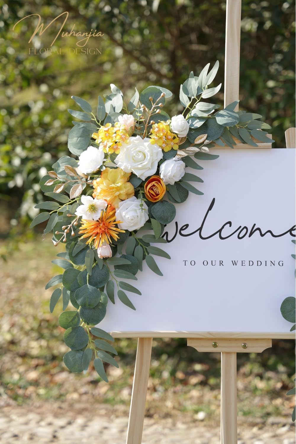 Wedding Sign Faux Flower Swag (Pack of 2) for Ceremony Party Reception Entrance Floral Decor Wall Easel Stand for Wedding Poster Welcome Sign (Bright Yellow)