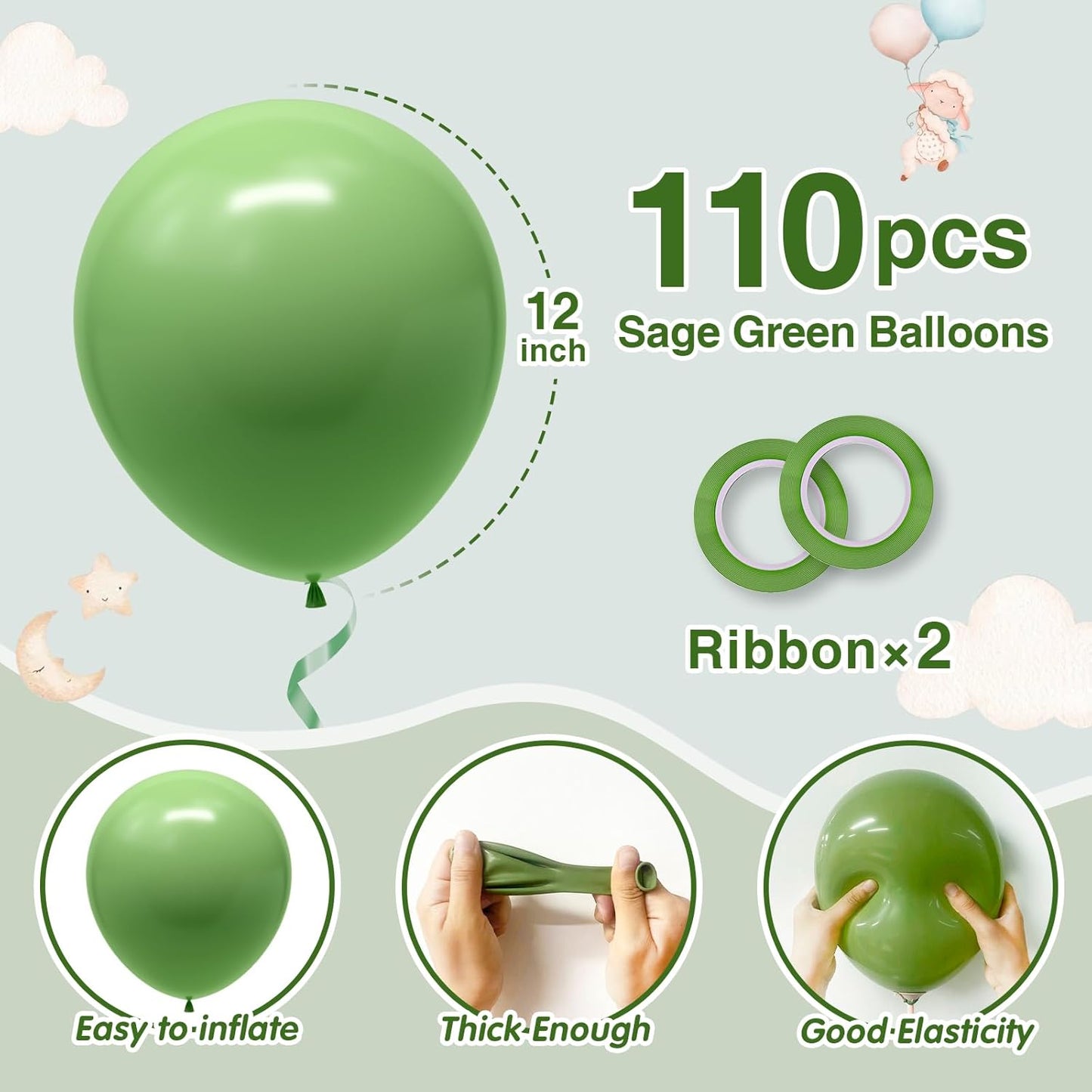 110pcs Sage Green Balloons 12 Inch Green Latex Balloon Garland Arch Kit for Birthday Baby Shower Anniversary Graduation Wedding Party Decorations