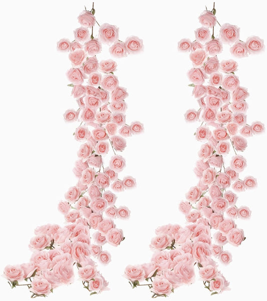 2 Pcs Pink Artificial Rose Vine Hanging Faux Flowers Garland for Wedding Anniversary Birthday Party Background Arch Garden Home Wall Room Decor