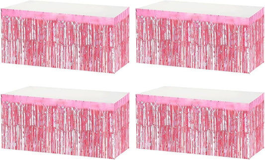 4 Pack Metallic Foil Fringe Tinsel Table Skirts,29x108 Inch Party Disposable Table Skirt Banner for Hotel Banquet Parade Floats Mardi Gras Holiday Birthday Wedding New Year Party Decoration(Pink)