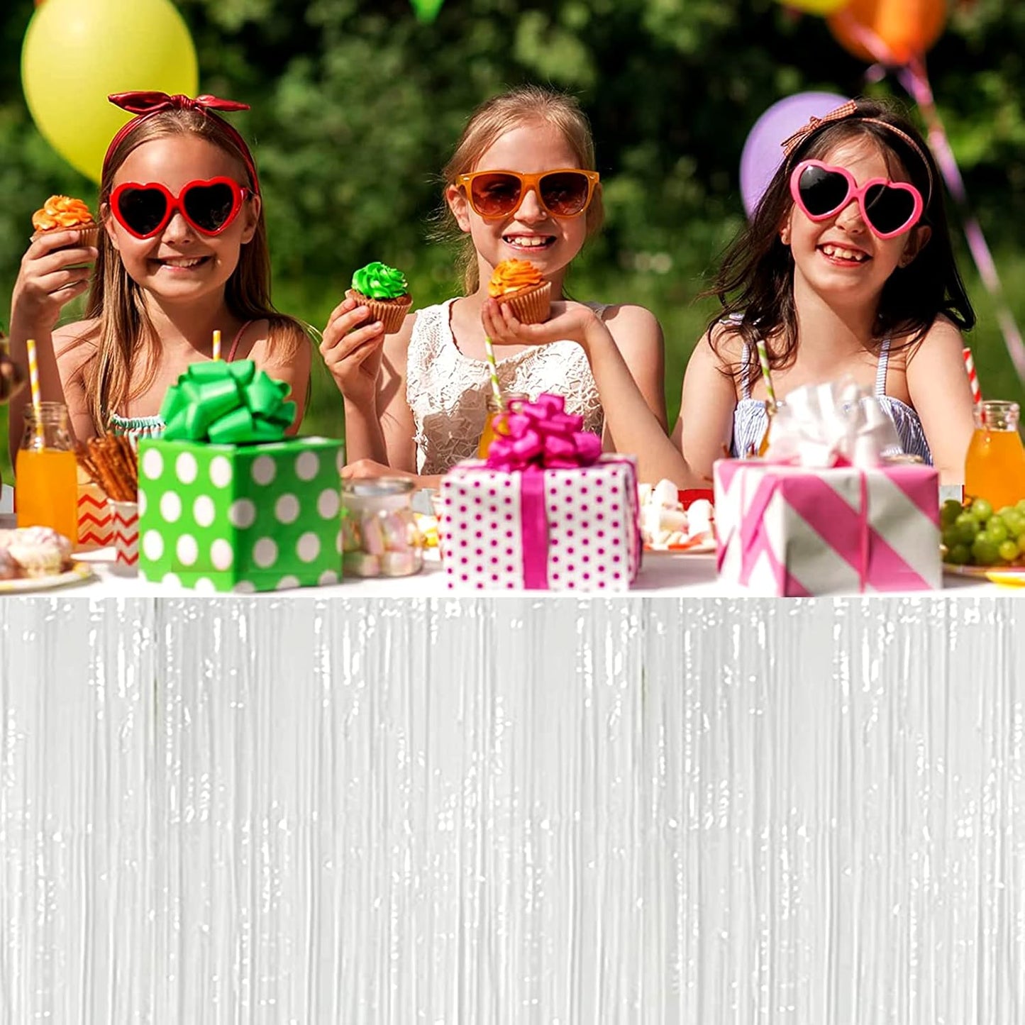 4 Pack 29x108 Inch Metallic Foil Fringe Tinsel Table Skirts for Rectangle Tables Streamer Curtains Backdrop for Wedding, Birthday, Parade Floats, Christmas, Halloween Party Decoration(White)