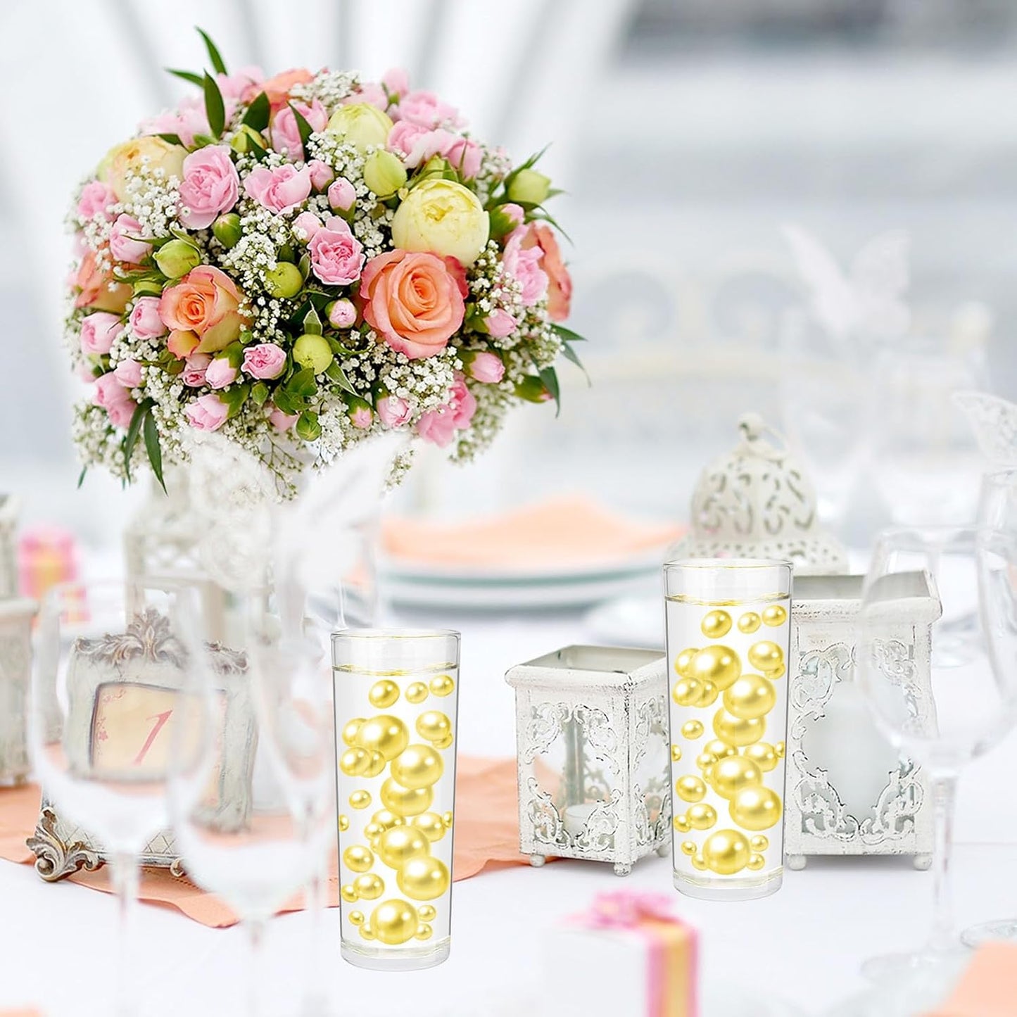 100PCS Yellow Faux Pearls Beads for Centerpiece Vases, Vase Filler Faux Pearls, No Holes Filler Beads for Party Anniversary Birthday Wedding Table Decor, 14/20/30mm