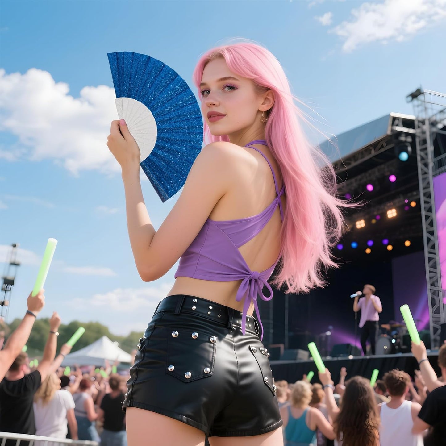 12 Pack Handheld Fan,Folding Hand Glitter fan with Shining Transparent Fan Rib – Ideal for Wedding, Church, Festival, Dance, Tea Party, Club, and EDM Accessories, Royal blue