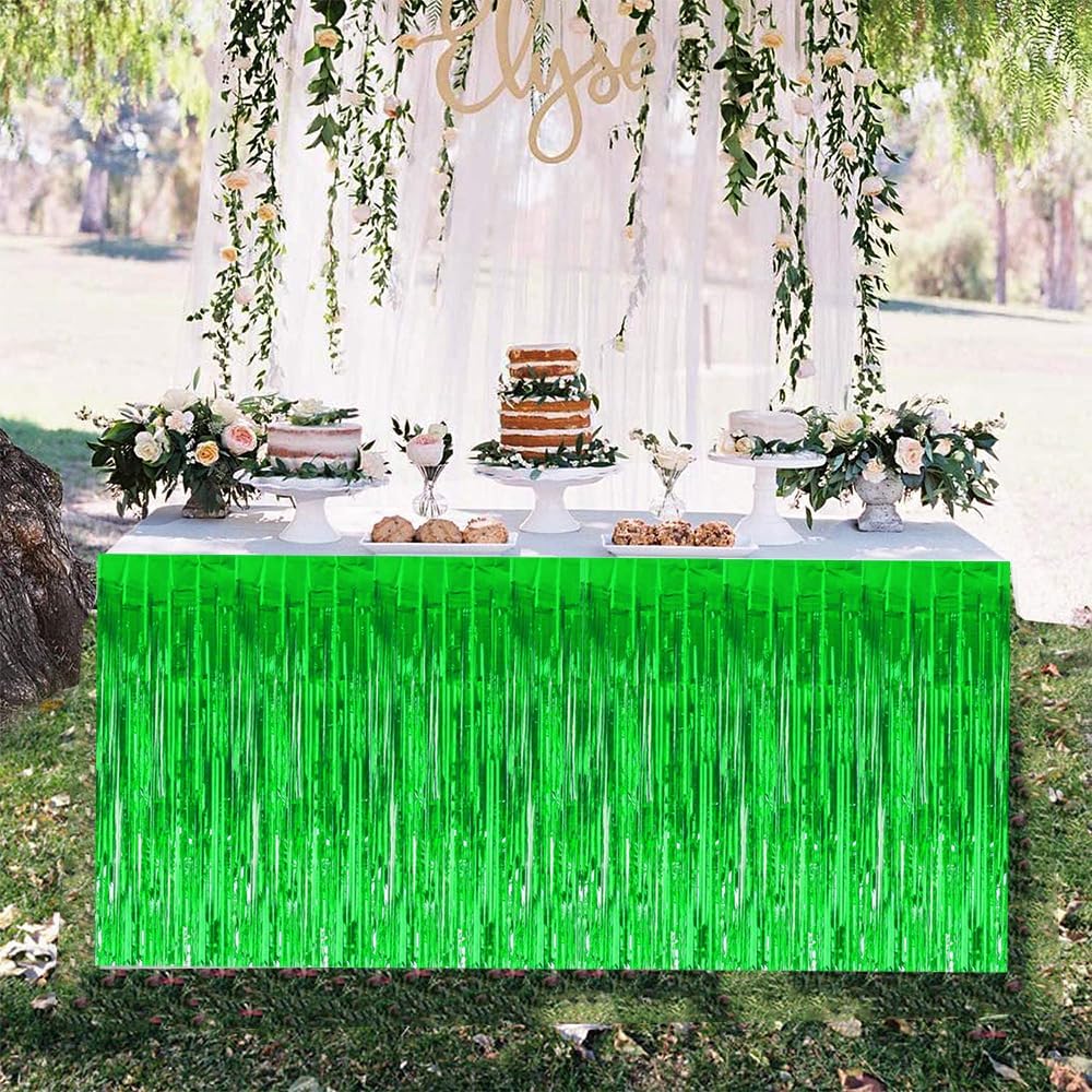 BEISHIDA 2 Pack Metallic Tinsel Foil Fringe Table Skirts for Rectangle & Round Tables Green Kids' Birthday, Holiday Party, Cartoon Party Decorations - Perfect for Birthday Baby Shower Festive Events