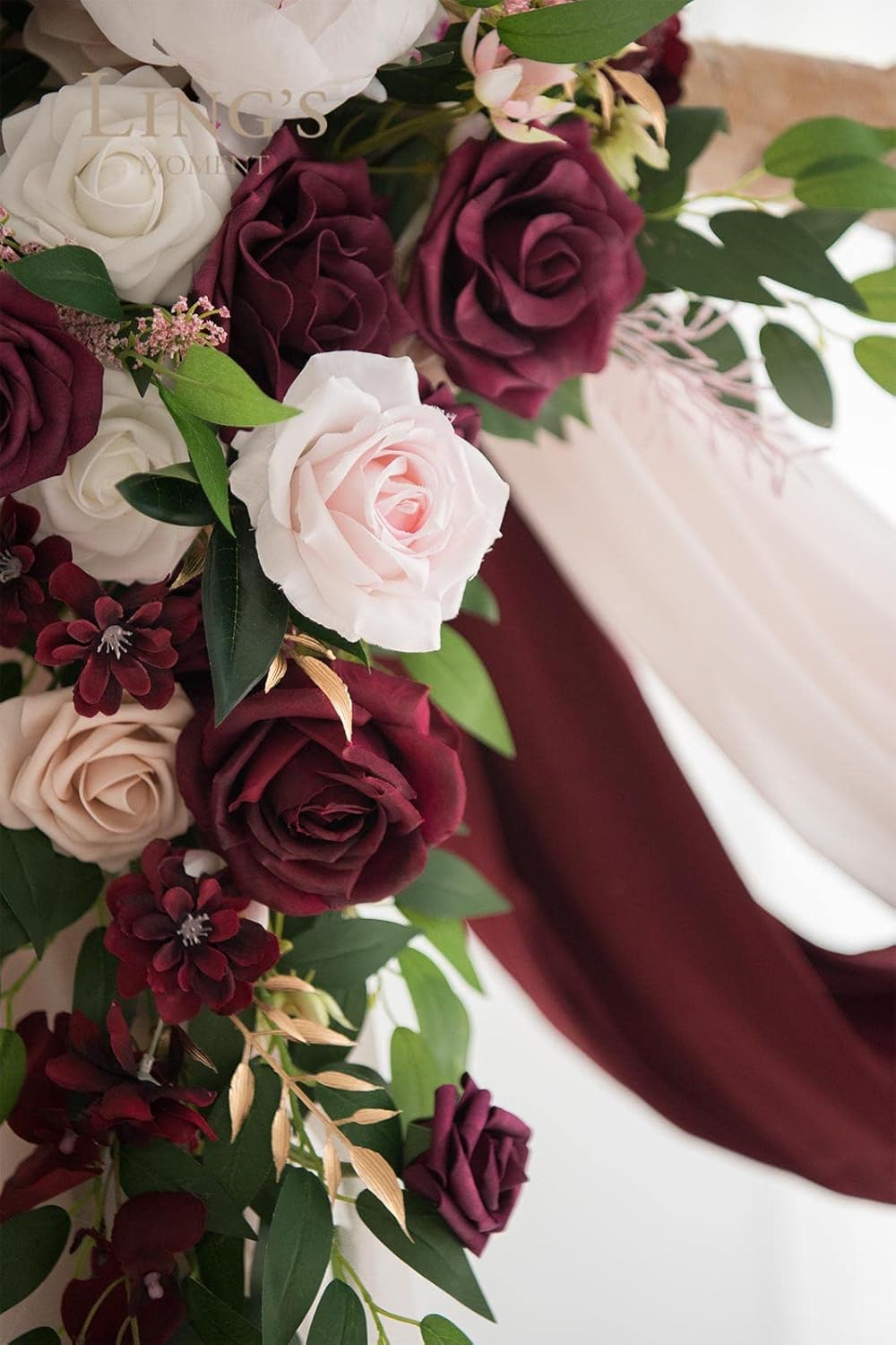 Ling's Moment Pink Blush Artificial Wedding Arch Flowers Kit Pack of 4, 2pcs Hanging Flower Arrangement 2pcs Chiffon Drapes Ceremony Reception Fake Rose Arbor Backdrop Floral Party Outdoor Decorations