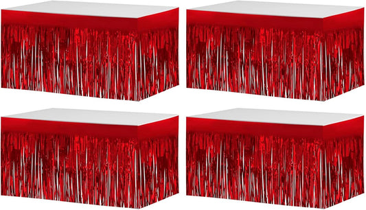 4 Pack 29x108 Inch Metallic Foil Fringe Tinsel Table Skirts for Rectangle Tables Streamer Backdrop for Wedding, Birthday, Parade Floats, Christmas, Halloween Party Decoration(Red)