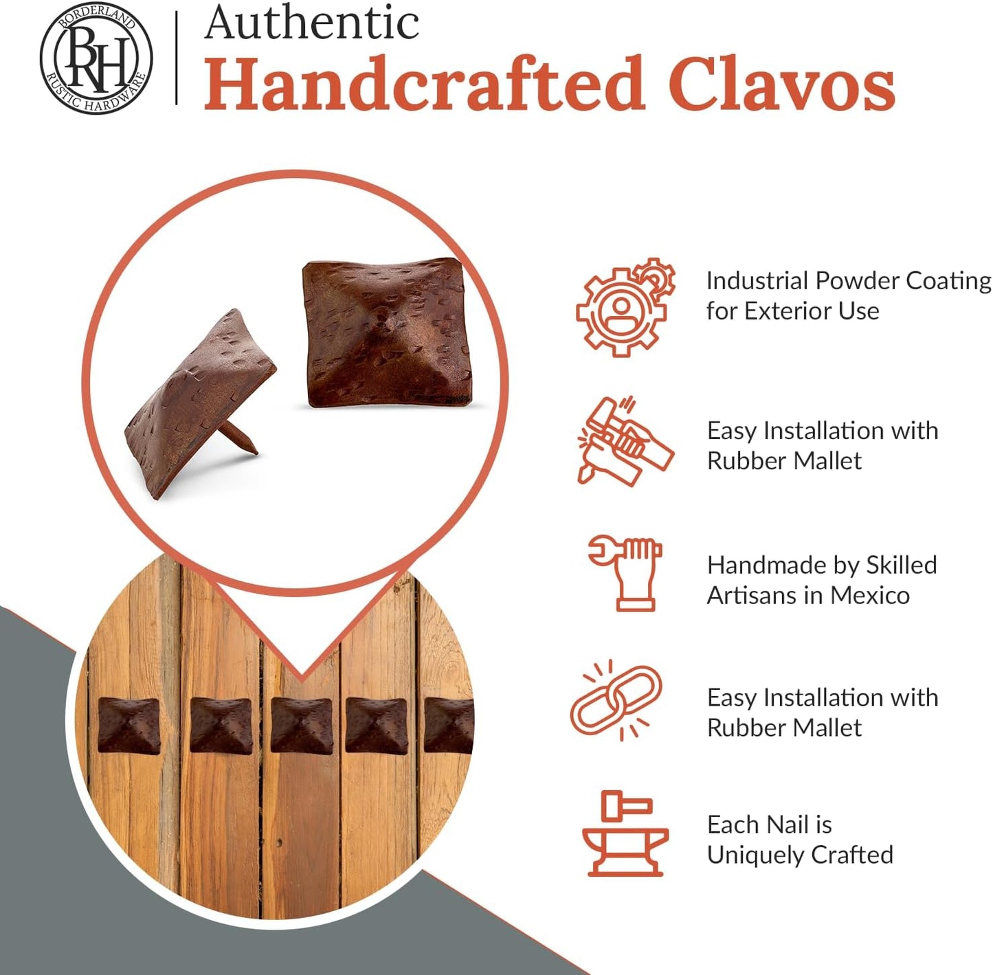 10 Pack 1.5" Square Head Iron Clavos Decorative Nails – Sealed Rusted – Handmade Rustic Square Fasteners for Farmhouse Shutters, Faux Wood, Barn Doors, Shutters, and Gates – Ornamental Wood Accent