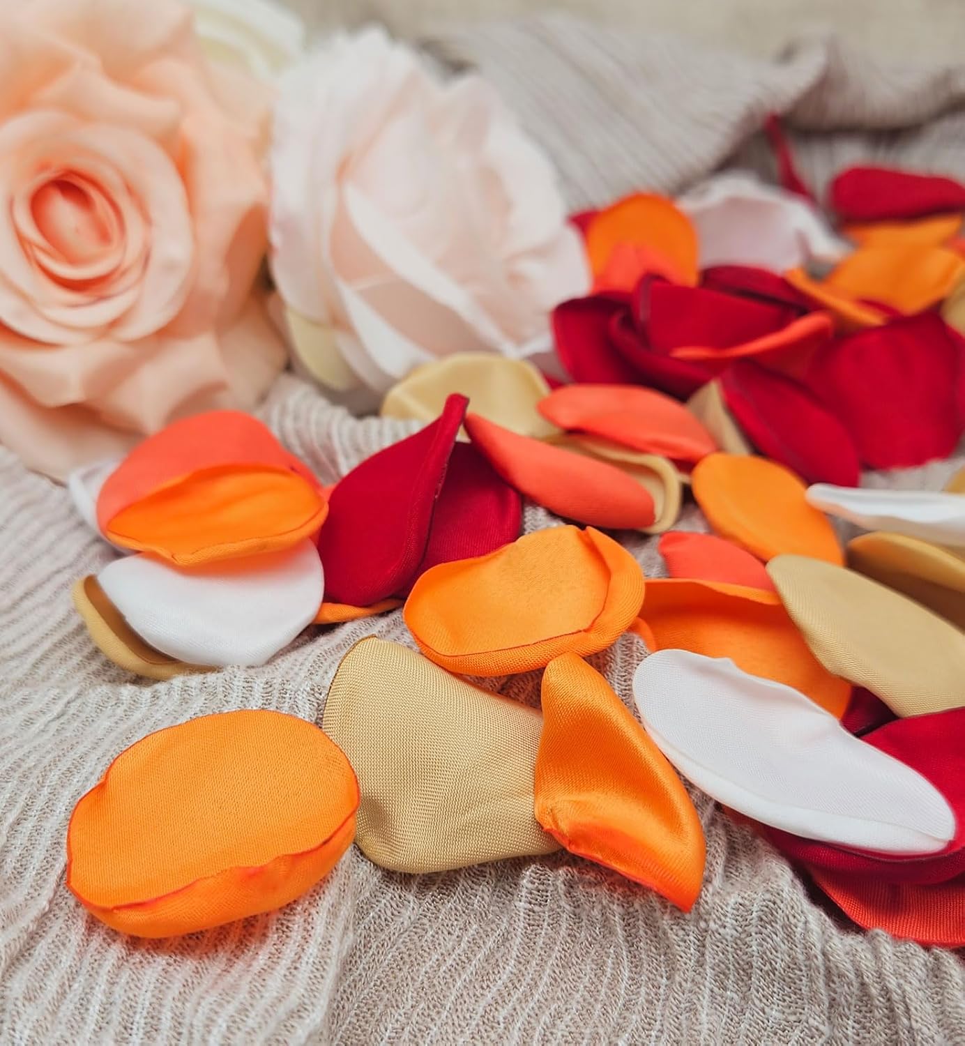 ZOOYOO 200Pcs Silk Rose Flower Petals for Valentaine's Day,Wedding Flower Gril Basket,Aisle Scatter,Table Centerpieces,Romantic Night Decoration,3.5cm Each(Orange Red Gold
