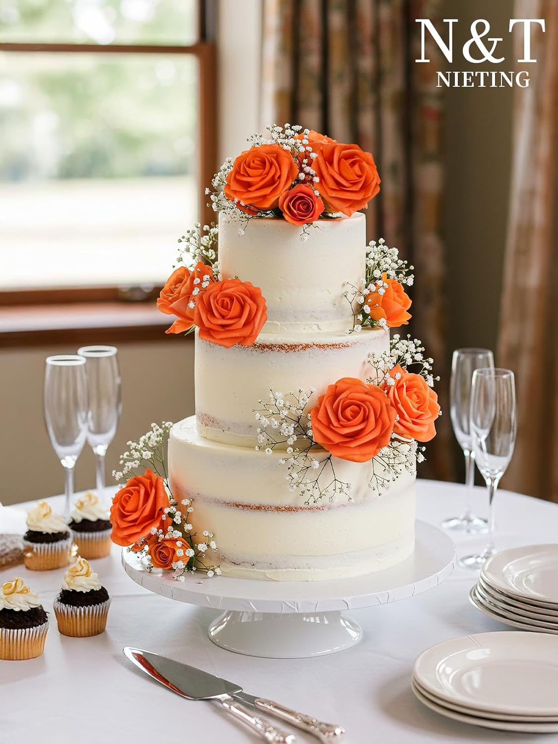 N&T NIETING Artificial Fall Flowers Fake Flowers Orange Roses Perfect for DIY Wedding Bridal Bouquets Centerpieces Bridal Shower Party Home Flower Arrangement Thanksgiving Decorations, 25Pcs