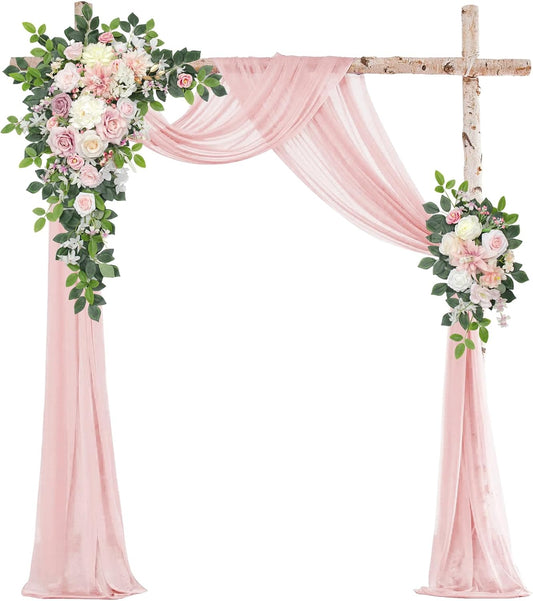 Wedding Arch Flowers Kit,Artificial Flower Arch Decor (Set of 3),2pcs Artificial Flower Arrangement with 1pc Sheer Drape for Wedding Decor Reception Backdrop Floral Decorations (Light Pink)
