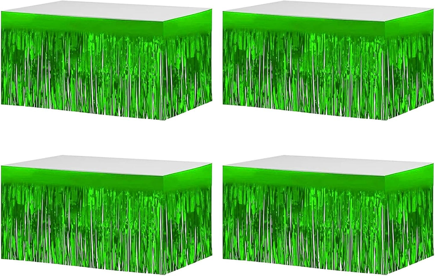 4 Pack Metallic Foil Fringe Tinsel Table Skirts,29x108 Inch Party Disposable Table Skirt Banner for Hotel Banquet Parade Floats Mardi Gras Holiday Birthday Wedding New Year Party Decoration(Green)