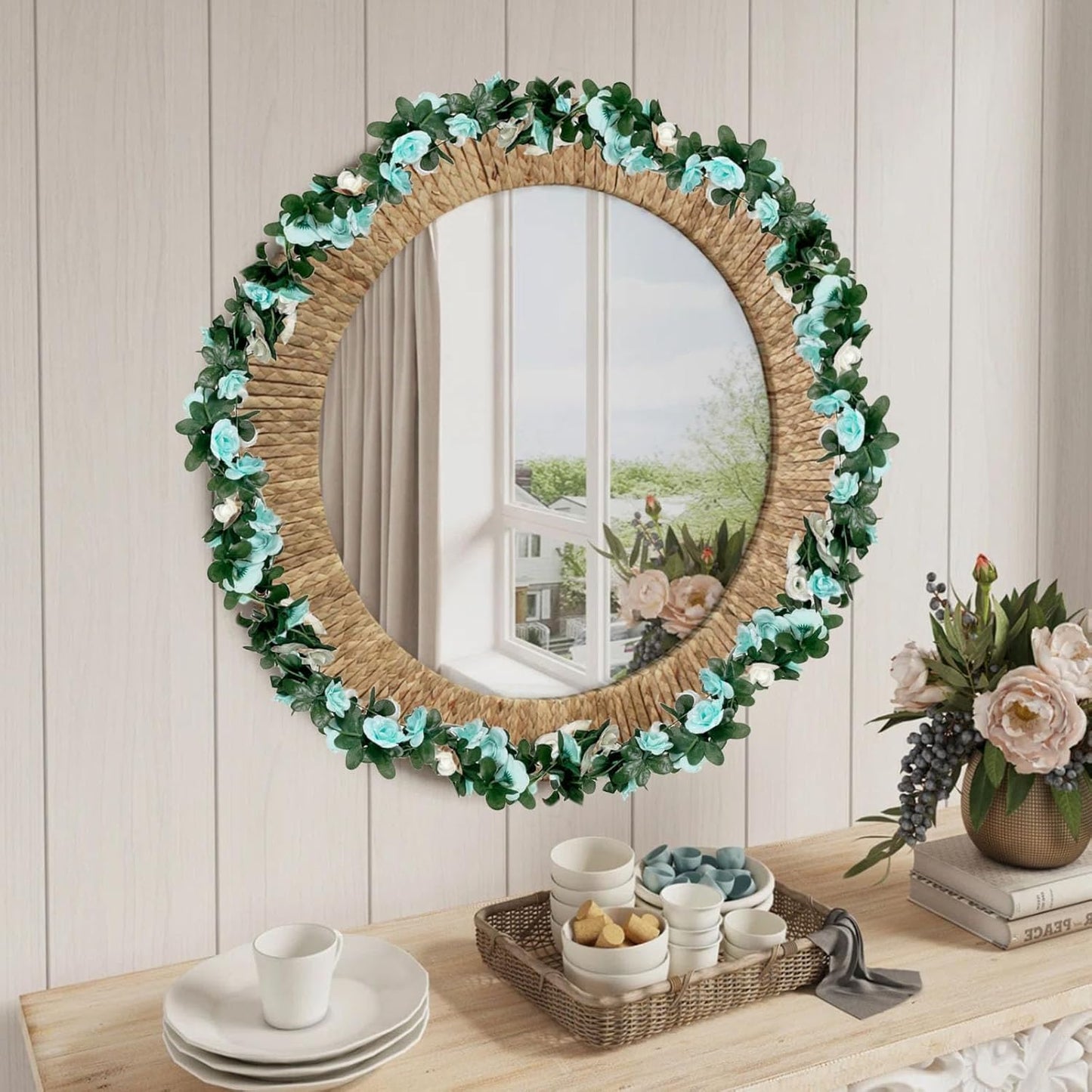 16Pcs 126Ft Teal&White Rose Garland, Fake Rose Hanging Flowers, Artificial Flower Vine, Hanging Floral Vine Garland for Wedding, Birthday Party, Wall Arch, Halloween, Christmas Garden Backdrop Decor