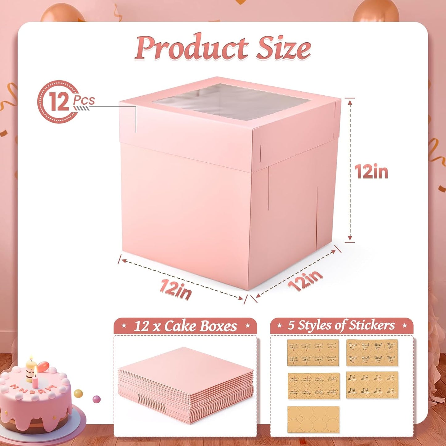 12Pcs Cake Boxes, 12x12x12 Inches Tall Cake Boxes with Window, Pink Square Disposable Cake Carrier Container for Multi-Layer Cakes Birthday Party Wedding Bakery Boxes