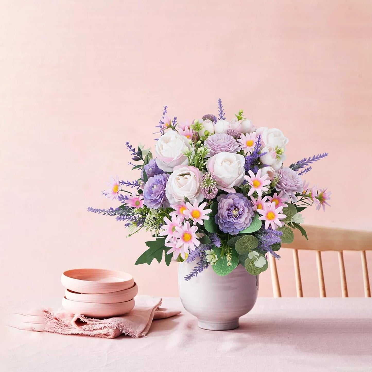 Fake Flowers Purple Artificial Silk Flower Bouquet Faux Flowers for Vase with Rose Peony Daisy for Home Wedding Baby Shower Bridal Bouquets Table Centerpieces Party Fathers Day Decorations