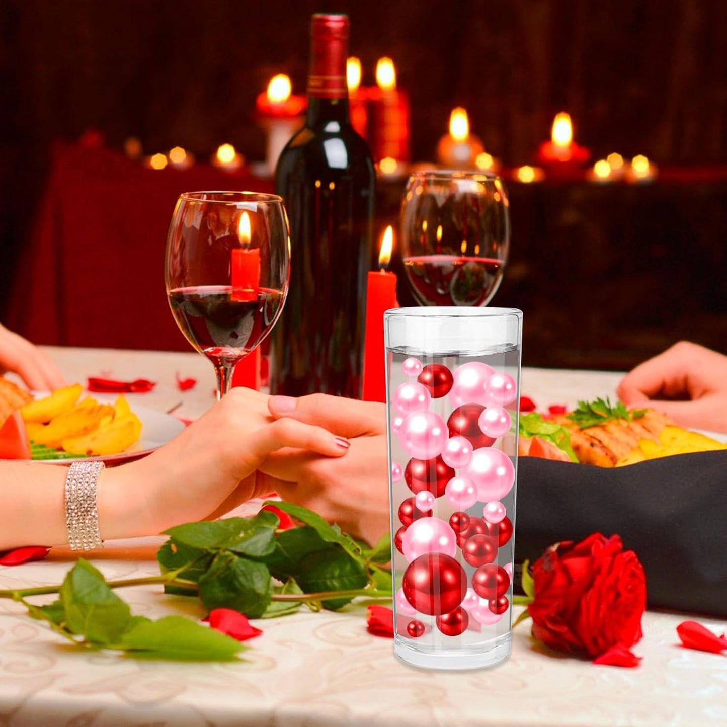 100PCS Red Pink Faux Pearls Beads for Centerpiece Vases, Vase Filler Faux Pearls, No Holes Filler Beads for Party Anniversary Valentine's Day Table Decor, 14/20/30mm