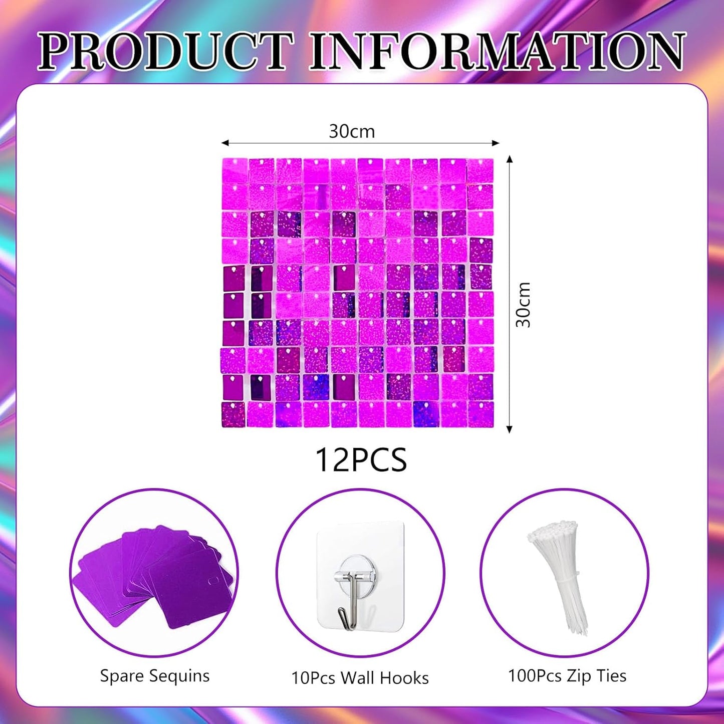 12PCS Purple Shimmer Wall Backdrop, Laser Square Sequin Photo Backdrops Panel, Glitter Wall Background for Birthdays, Weddings, Christmas, Engagements, Disco Bachelorette Party Decoration (3FTx4FT)