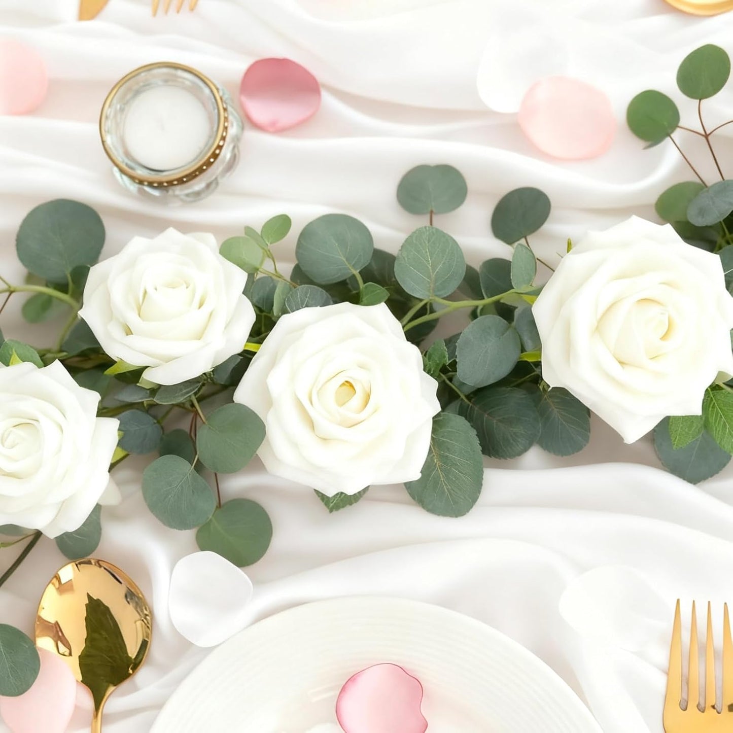 6FT Artificial Eucalyptus Garland with 14 Fake White Rose Flowers - Floral Greenery Decoration Vine for Wedding Centerpieces, Table Runner, Backdrop, Arch Wall Decor,Indoor/Outdoor (1 PCS)