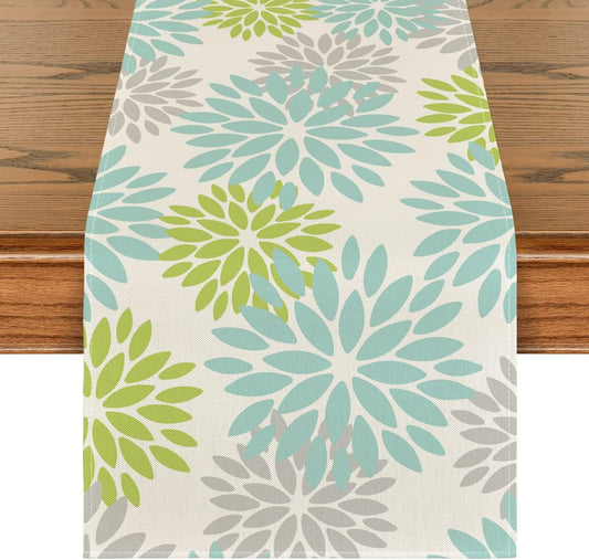 Artoid Mode Green Dahlia Floral Pinnata Summer Table Runner, Spring Kitchen Dining Table Decoration for Home Party Decor 13x72 Inch