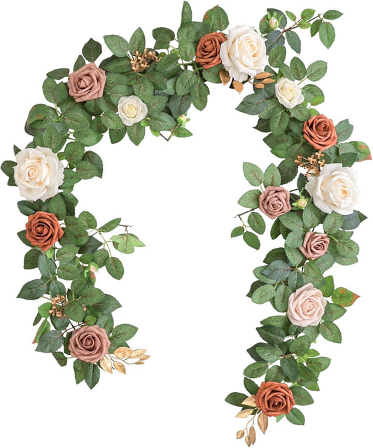 Lookein 5FT Artificial Rose Flower Garland for Table Centerpieces Backdrop Arch Flowers Decorations Wedding Ceremony Reception Table Decor, Terracotta