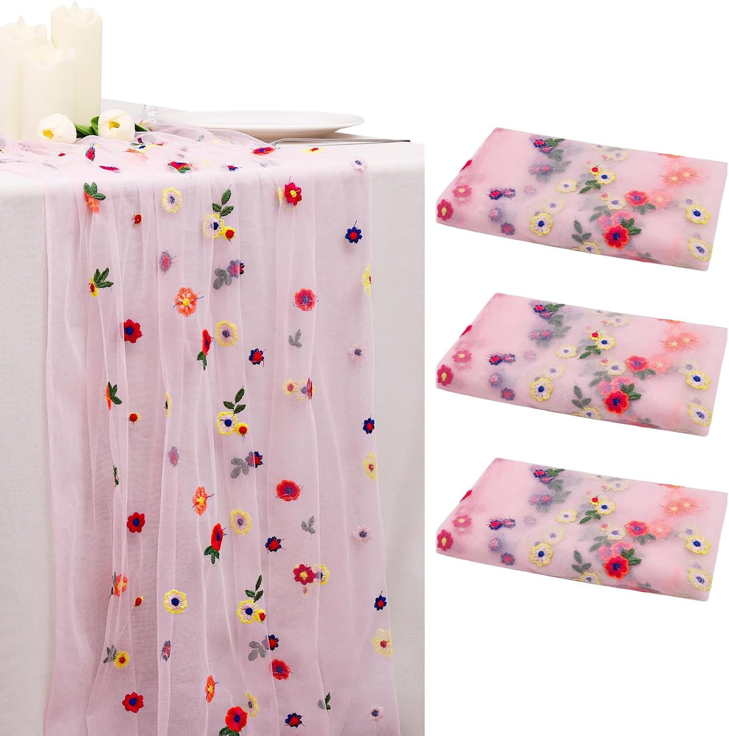 BINBE 3pcs Pink Daisy Fall Table Runner Embroidery Gauze 10FT Florals Seasonal Tulle Holiday Birthday Kitchen Dining Table Decor for Home Party