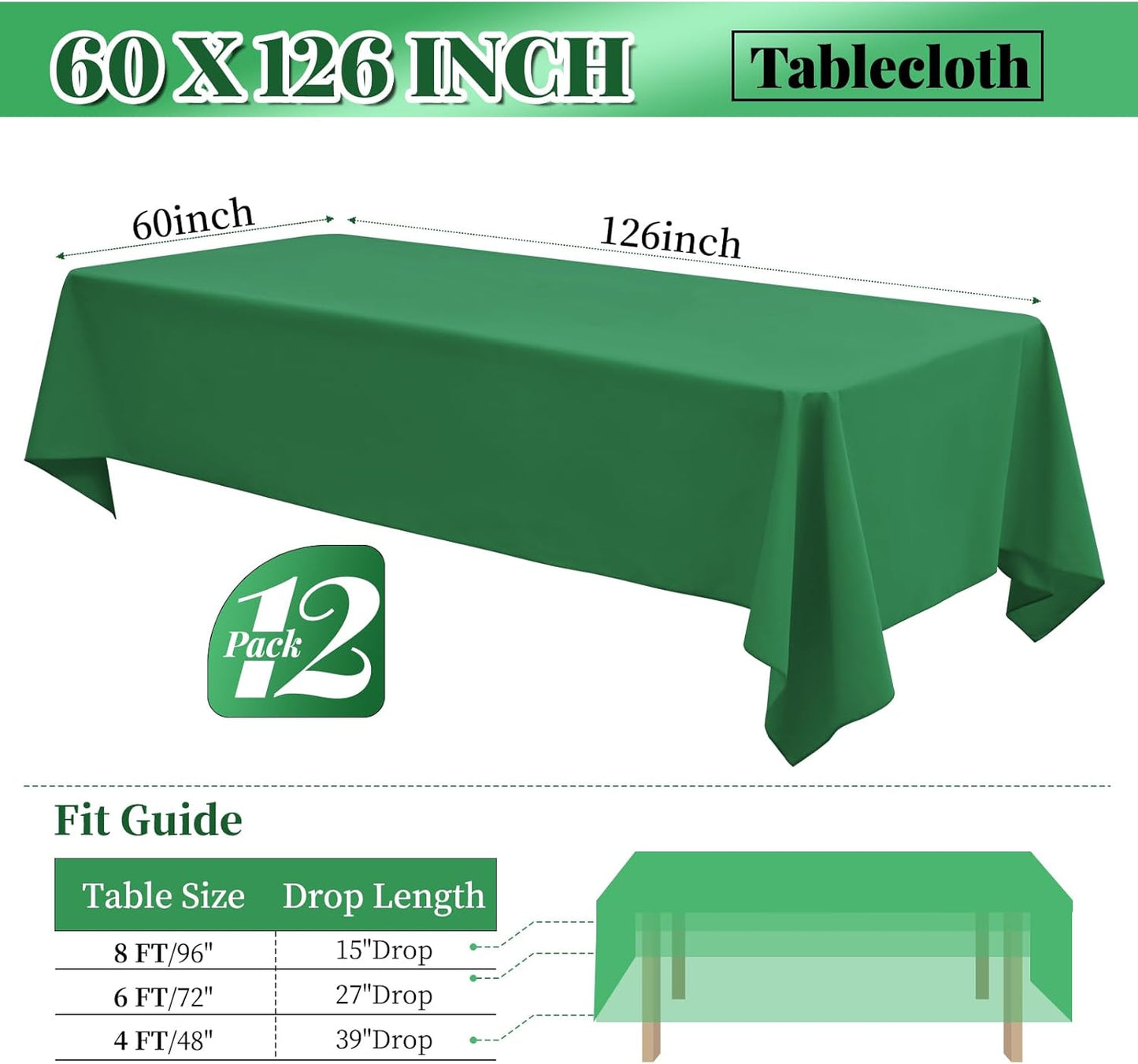 12 Pack 60 x 126 Inch Rectangle Tablecloth Green Polyester Tablecloth for 8 Ft Rectangle Tables, Washable Fabric Table Cloth for Wedding Dining Table Buffet Parties Camping